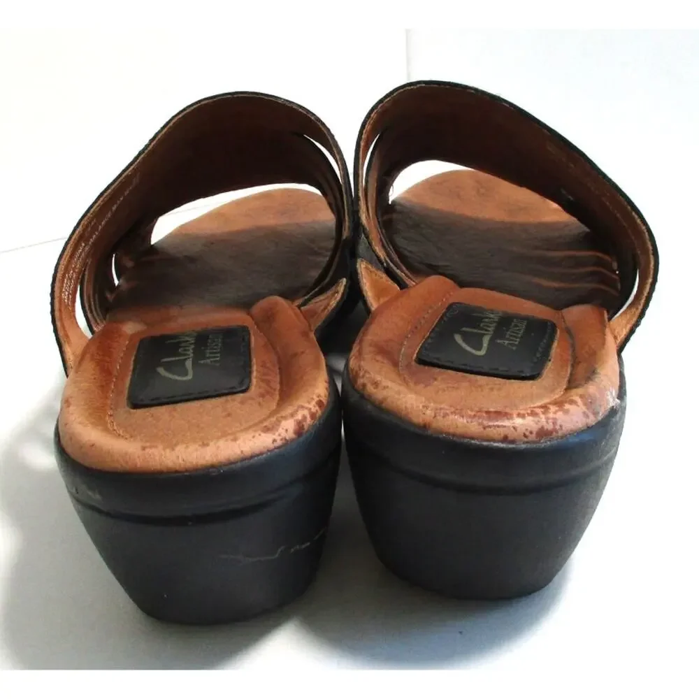 Clarks Artisan Women's Black Leather Slide Sandals #83443 Size 7.5M